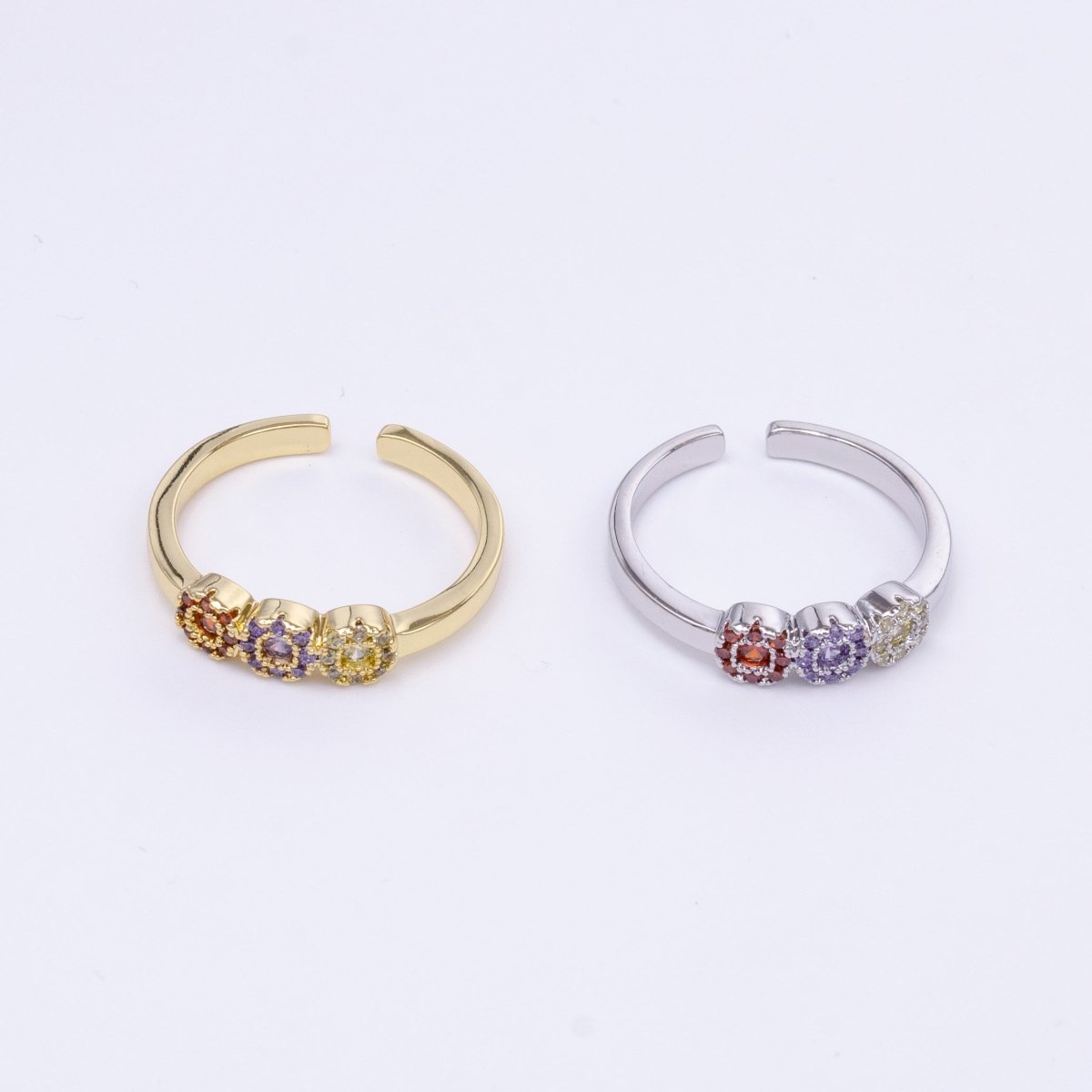 16K Gold Filled Triple Round Multicolor Micro Paved CZ Adjustable Ring in Gold & Silver | O-556 O-557 - DLUXCA