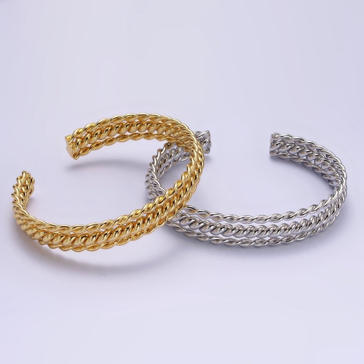 16K Gold Filled Triple Twisted Rope Cuff Bangle Bracelet in Gold & Silver | WA-1918 WA-1919 Clearance Pricing - DLUXCA