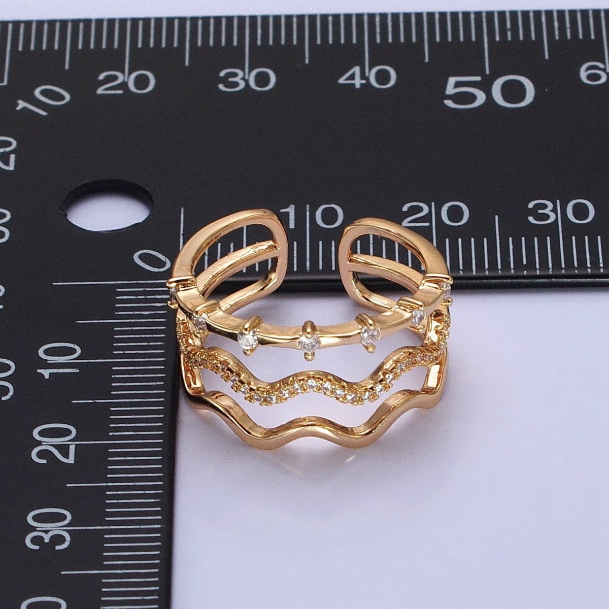 16K Gold Filled Triple Wavy Micro Paved CZ Dotted Band Ring in Gold & Silver | O1795 O1796 - DLUXCA