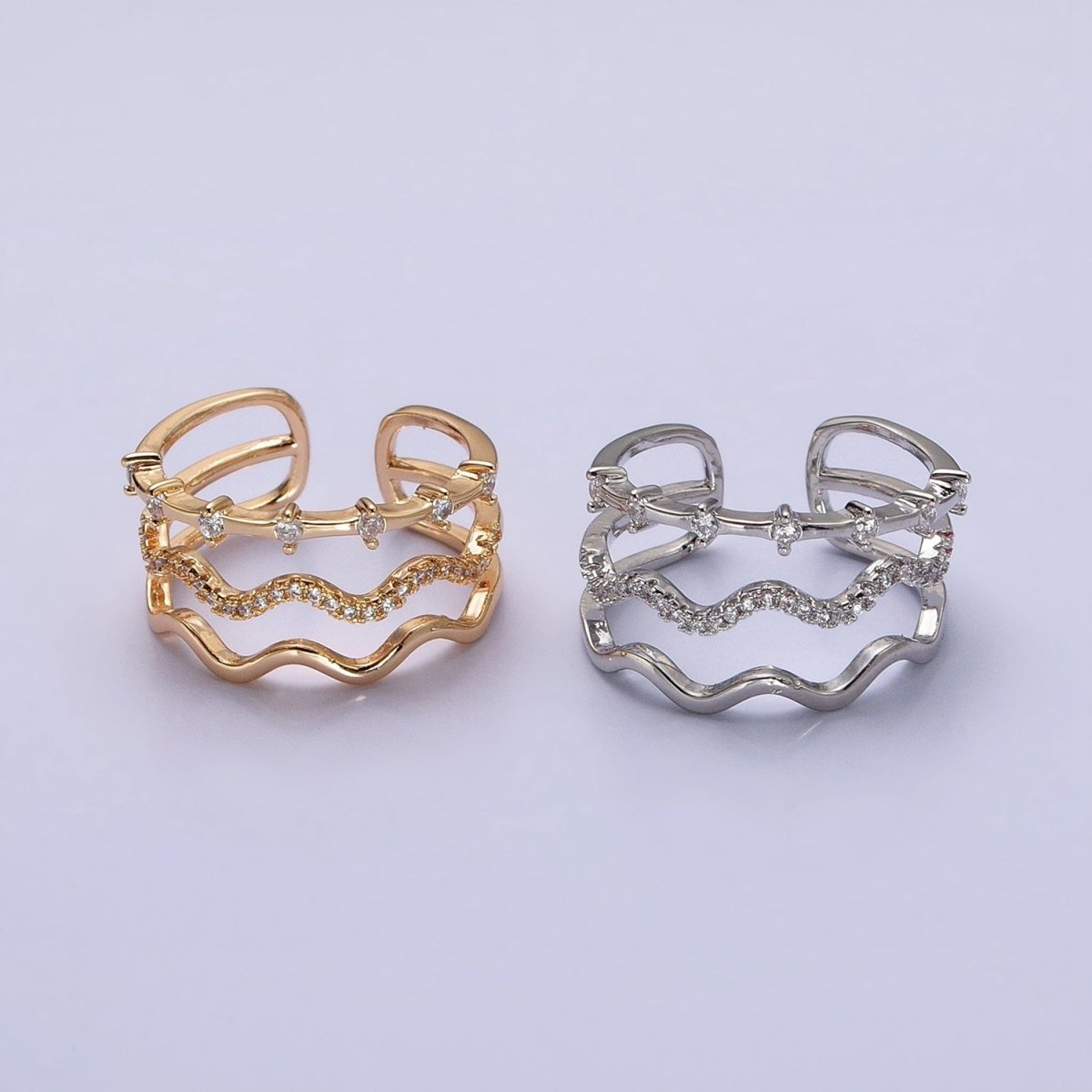 16K Gold Filled Triple Wavy Micro Paved CZ Dotted Band Ring in Gold & Silver | O1795 O1796 - DLUXCA