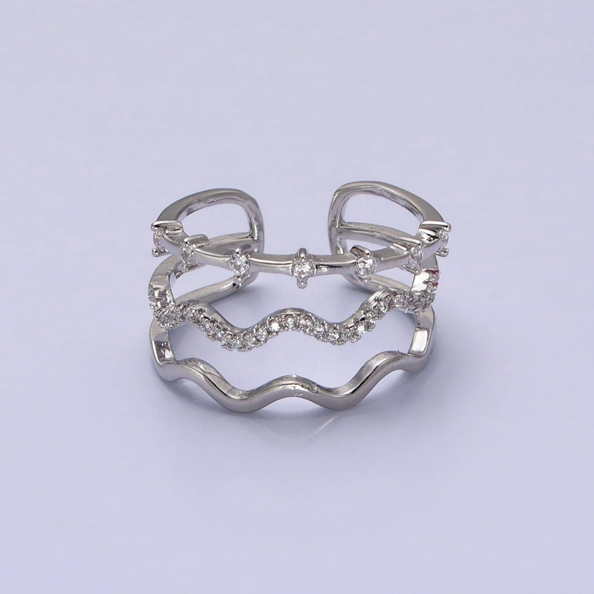 16K Gold Filled Triple Wavy Micro Paved CZ Dotted Band Ring in Gold & Silver | O1795 O1796 - DLUXCA