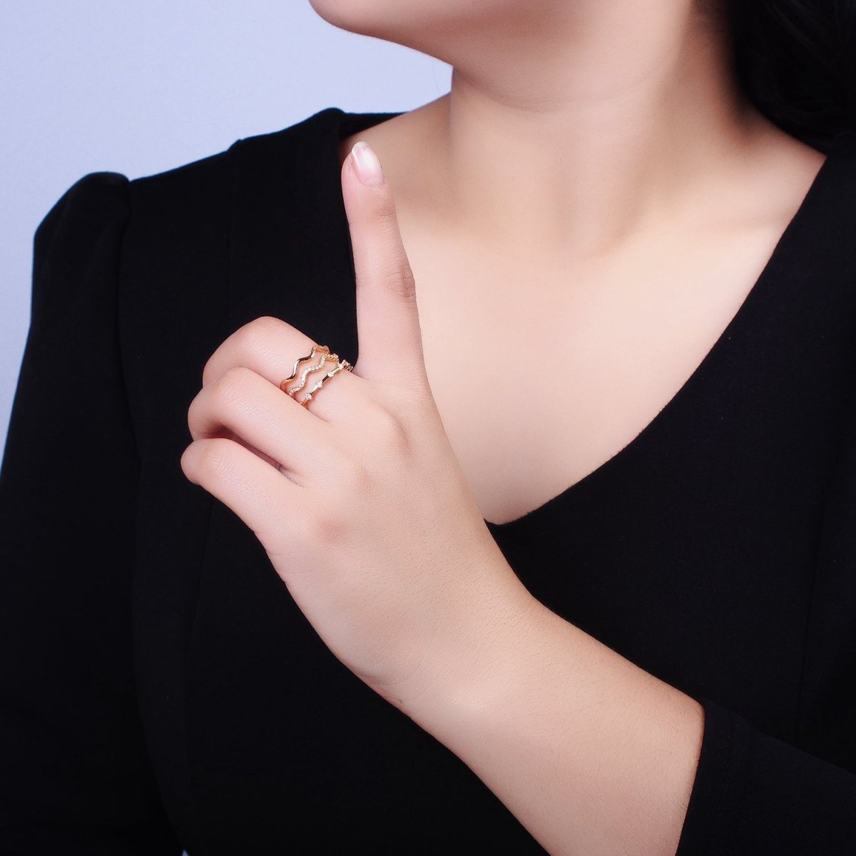 16K Gold Filled Triple Wavy Micro Paved CZ Dotted Band Ring in Gold & Silver | O1795 O1796 - DLUXCA