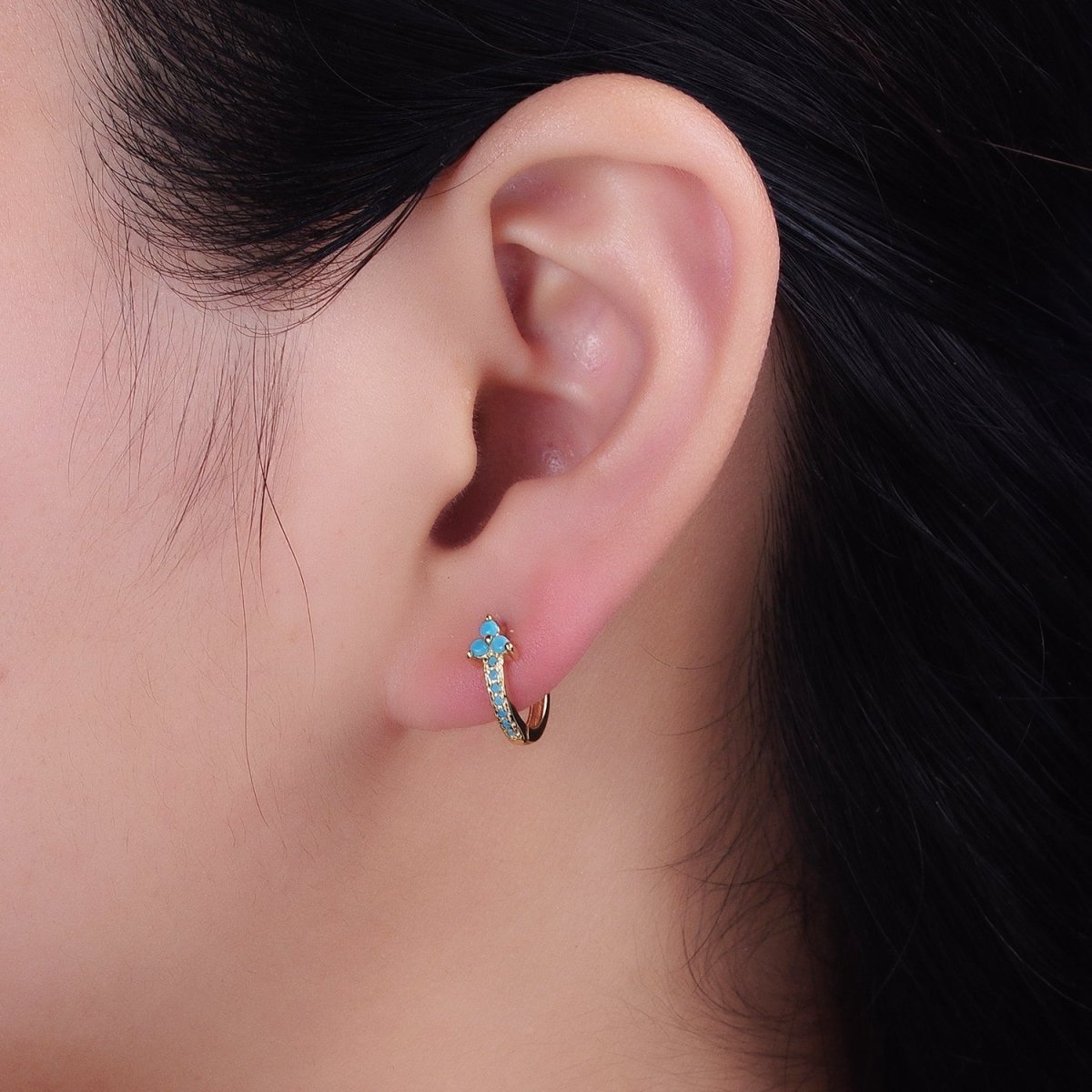 16K Gold Filled Turquoise Lined Arrow Triple Flower 11mm Cartilage Huggie Earrings in Gold & Silver | AB1474 AB1475 - DLUXCA