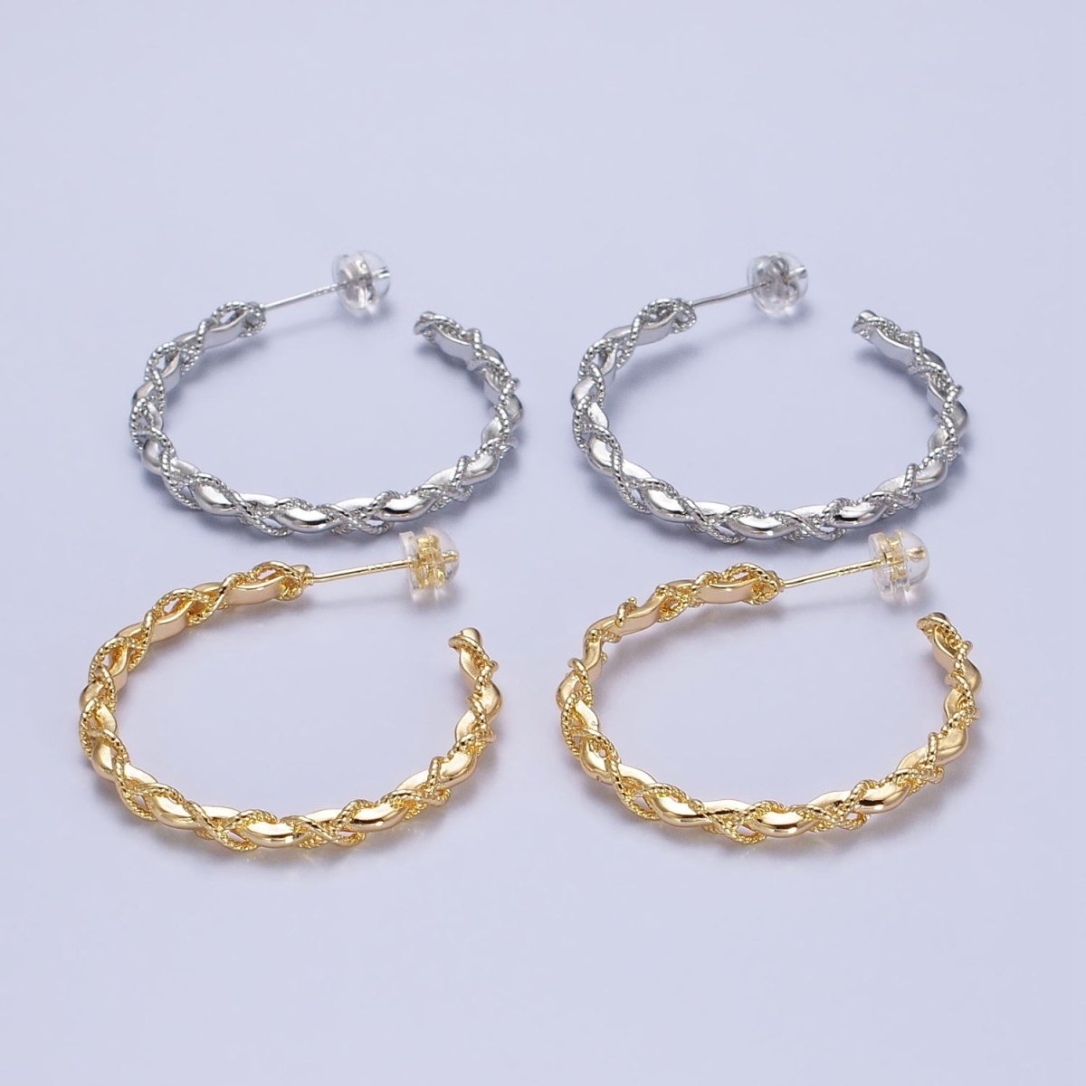 16K Gold Filled Twisted Rope Wavy Geometric C-Shaped Hoops in Gold & Silver | AB735 AB736 - DLUXCA