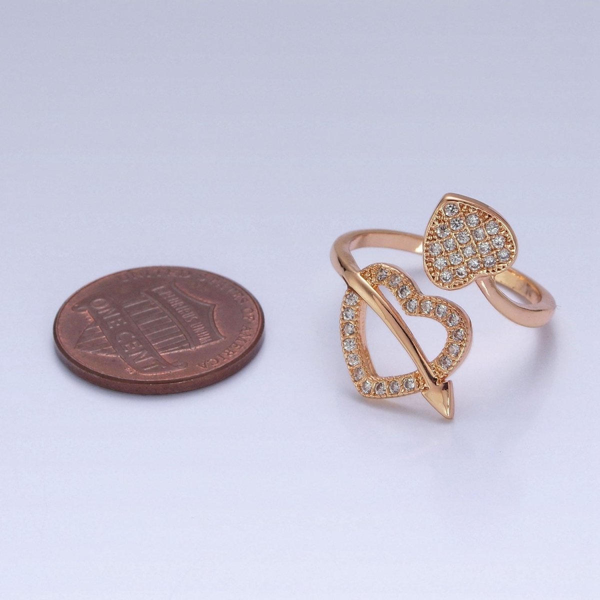 16K Gold Filled Two Micro Pave CZ Hearts with Arrow Open Adjustable Ring S-233 - DLUXCA
