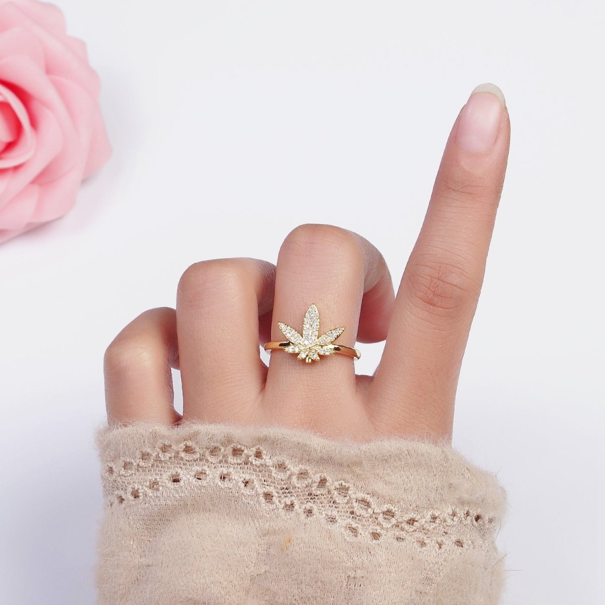 16K Gold Filled Weed Plant Micro Paved CZ Adjustable Ring in Gold & Silver | O-1613 O-1614 - DLUXCA