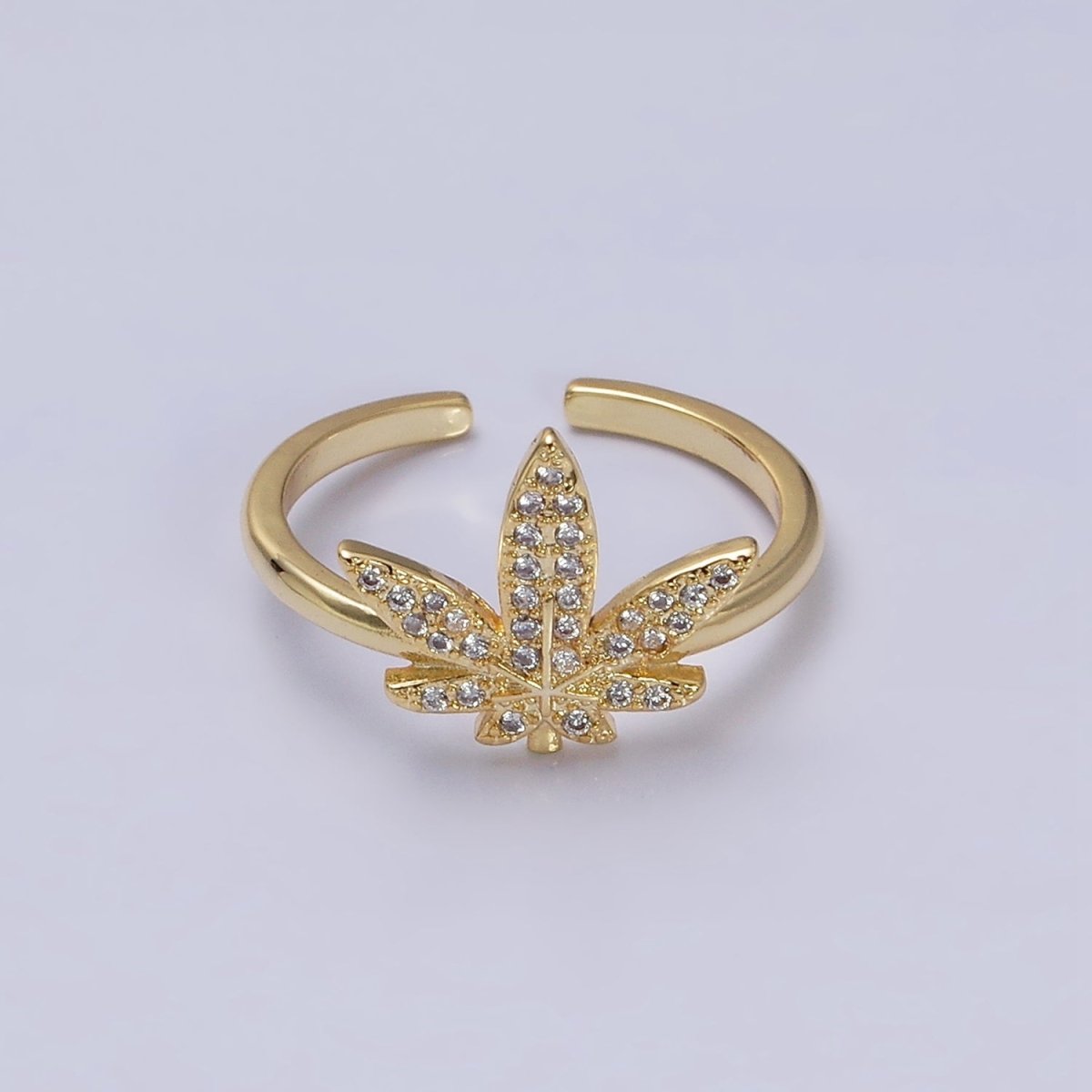 16K Gold Filled Weed Plant Micro Paved CZ Adjustable Ring in Gold & Silver | O-1613 O-1614 - DLUXCA