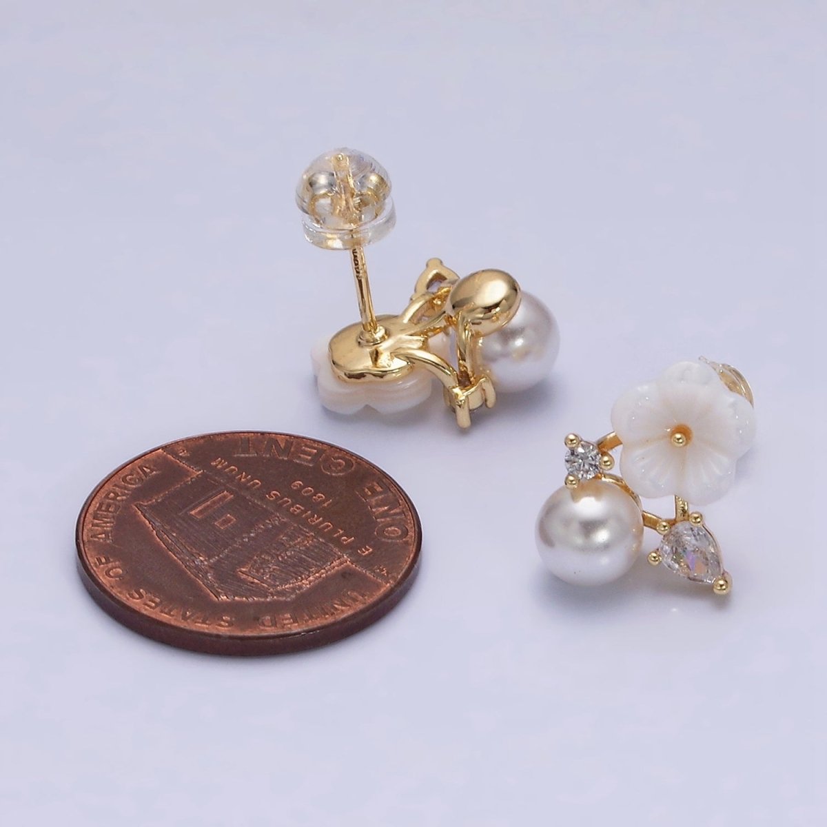 16K Gold Filled White Acrylic Flower Pearl CZ Stud Earrings in Gold & Silver | AD1558 AD1559 - DLUXCA