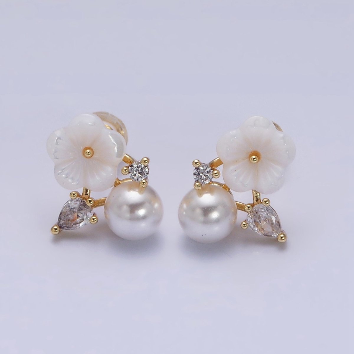 16K Gold Filled White Acrylic Flower Pearl CZ Stud Earrings in Gold & Silver | AD1558 AD1559 - DLUXCA
