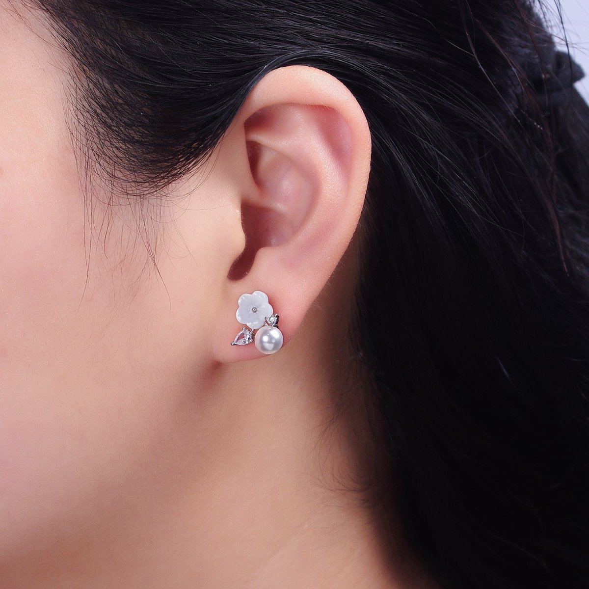 16K Gold Filled White Acrylic Flower Pearl CZ Stud Earrings in Gold & Silver | AD1558 AD1559 - DLUXCA