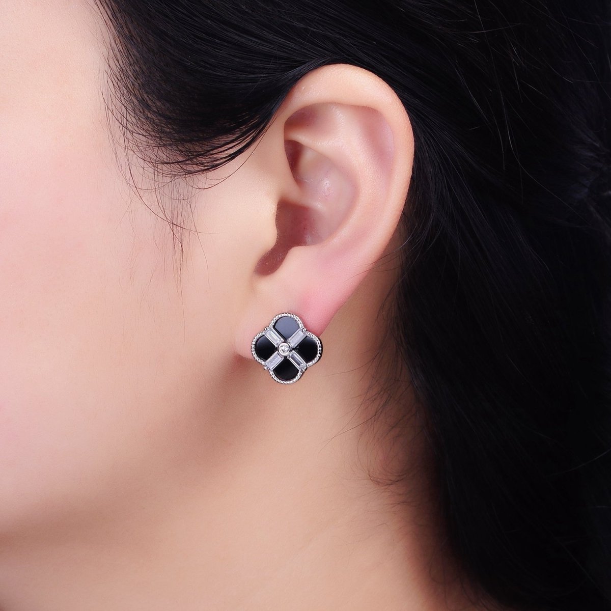 16K Gold Filled White, Black Baguette Quatrefoil Stud Earrings in Gold & Silver | AD1116 - AD1119 - DLUXCA