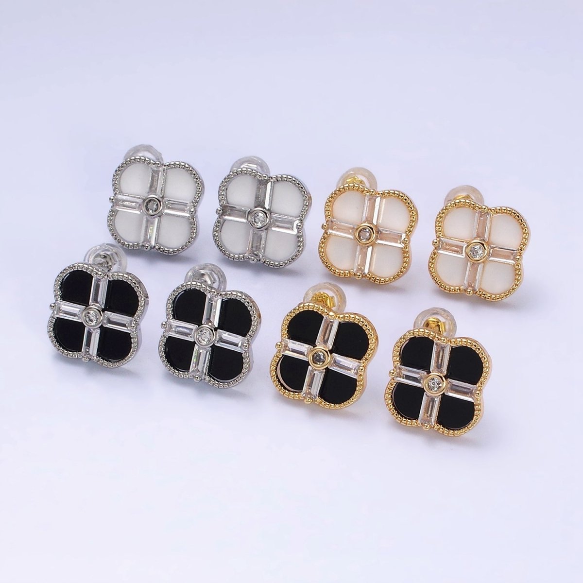 16K Gold Filled White, Black Baguette Quatrefoil Stud Earrings in Gold & Silver | AD1116 - AD1119 - DLUXCA