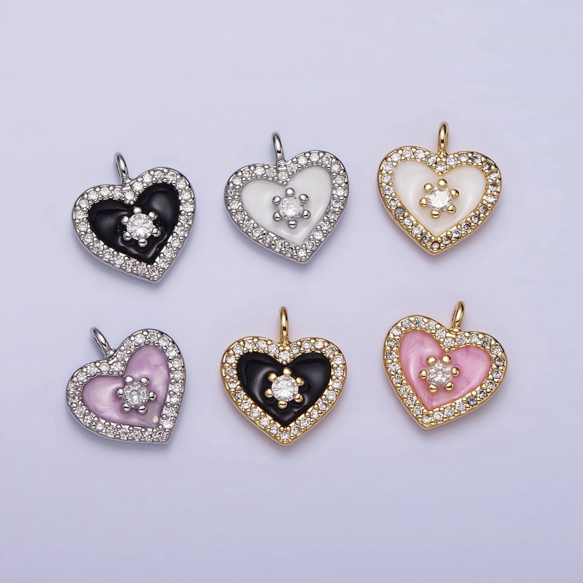 16K Gold Filled White, Black, Pink Enamel Micro Paved CZ Heart Charm in Gold & Silver | AC1300 - AC1305 - DLUXCA