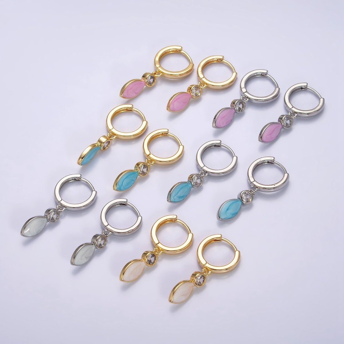16K Gold Filled White, Blue, Pink Sparkly Enamel Drop Huggie Earrings in Gold & Silver | Y-823 ~ Y-828 - DLUXCA
