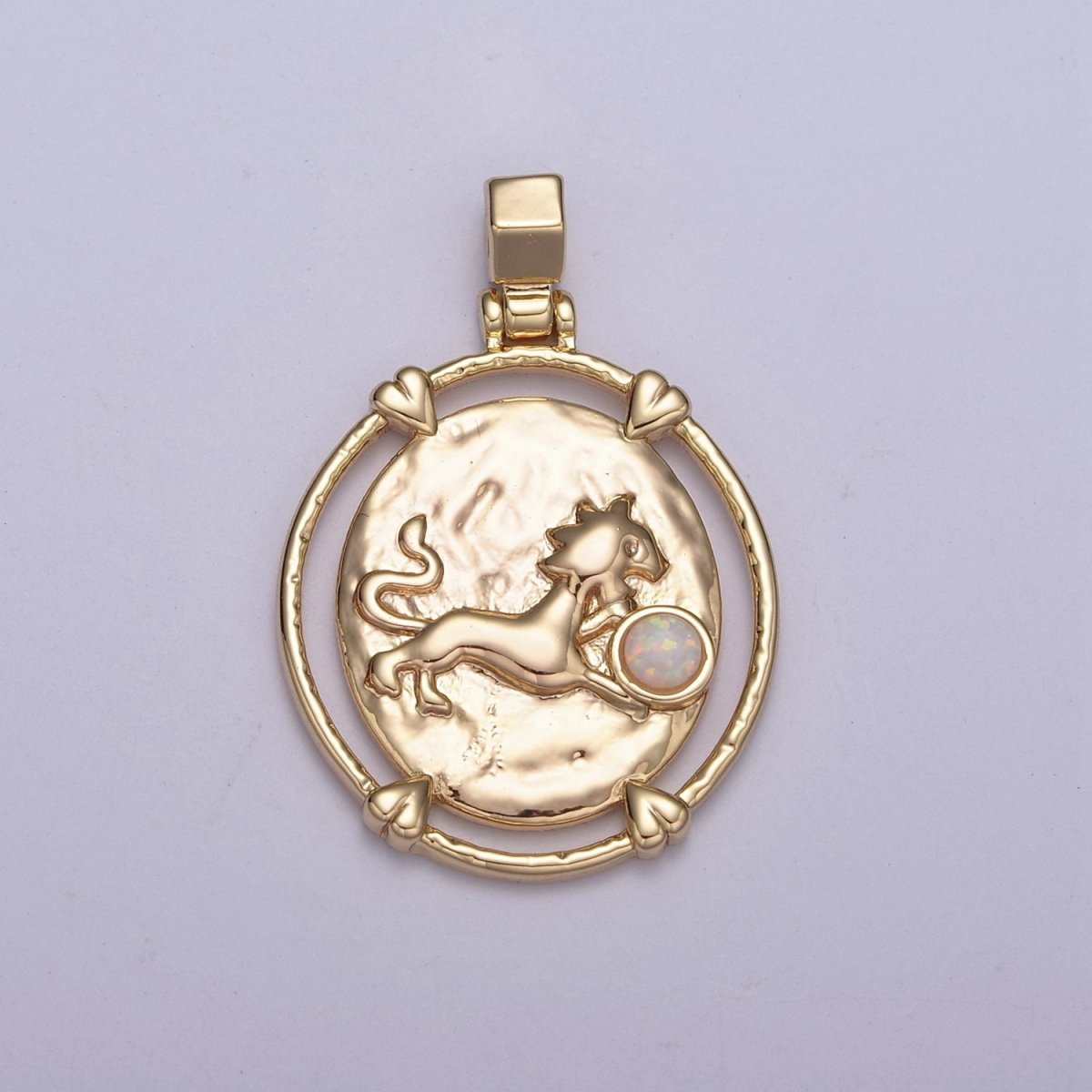 16K Gold Filled White Opal Zodiac Horoscope Heart Edge Oval Medallion Pendant | A-876-A-888 - DLUXCA