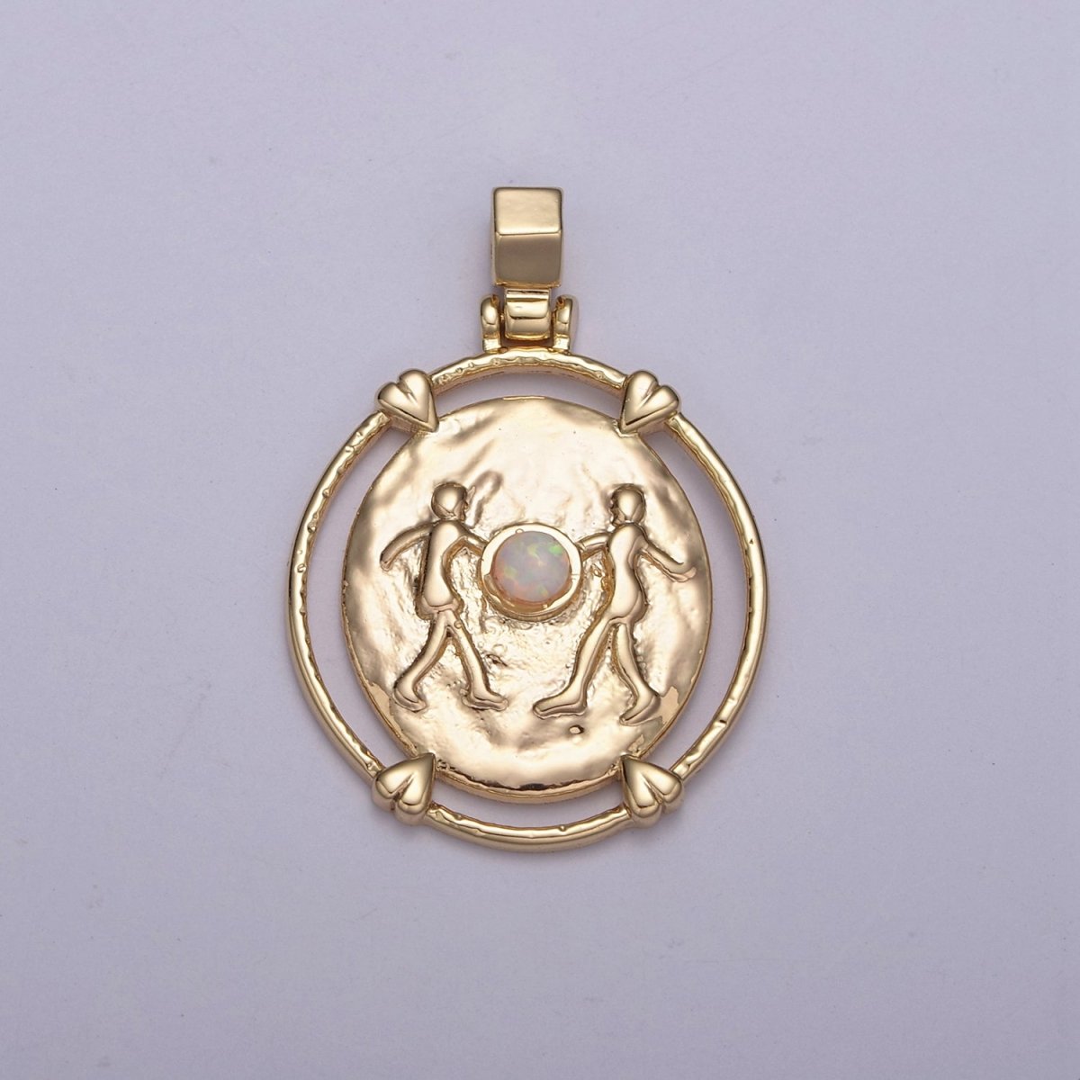 16K Gold Filled White Opal Zodiac Horoscope Heart Edge Oval Medallion Pendant | A-876-A-888 - DLUXCA