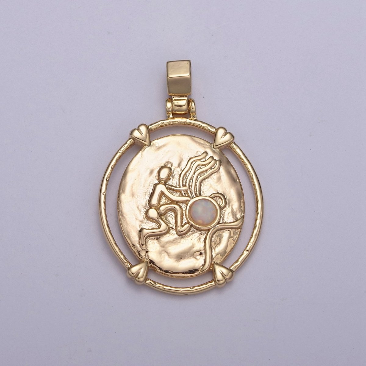 16K Gold Filled White Opal Zodiac Horoscope Heart Edge Oval Medallion Pendant | A-876-A-888 - DLUXCA