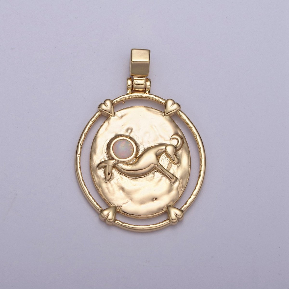 16K Gold Filled White Opal Zodiac Horoscope Heart Edge Oval Medallion Pendant | A-876-A-888 - DLUXCA