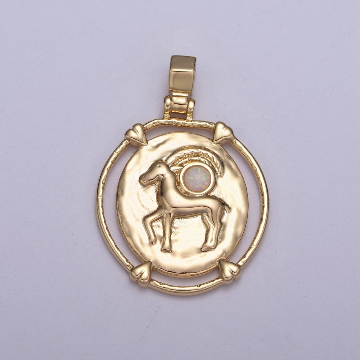 16K Gold Filled White Opal Zodiac Horoscope Heart Edge Oval Medallion Pendant | A-876-A-888 - DLUXCA