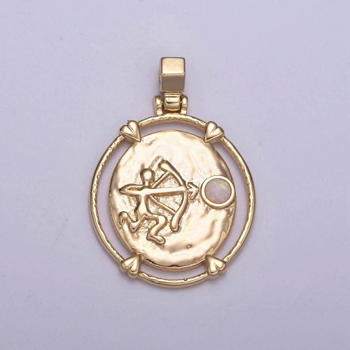 16K Gold Filled White Opal Zodiac Horoscope Heart Edge Oval Medallion Pendant | A-876-A-888 - DLUXCA