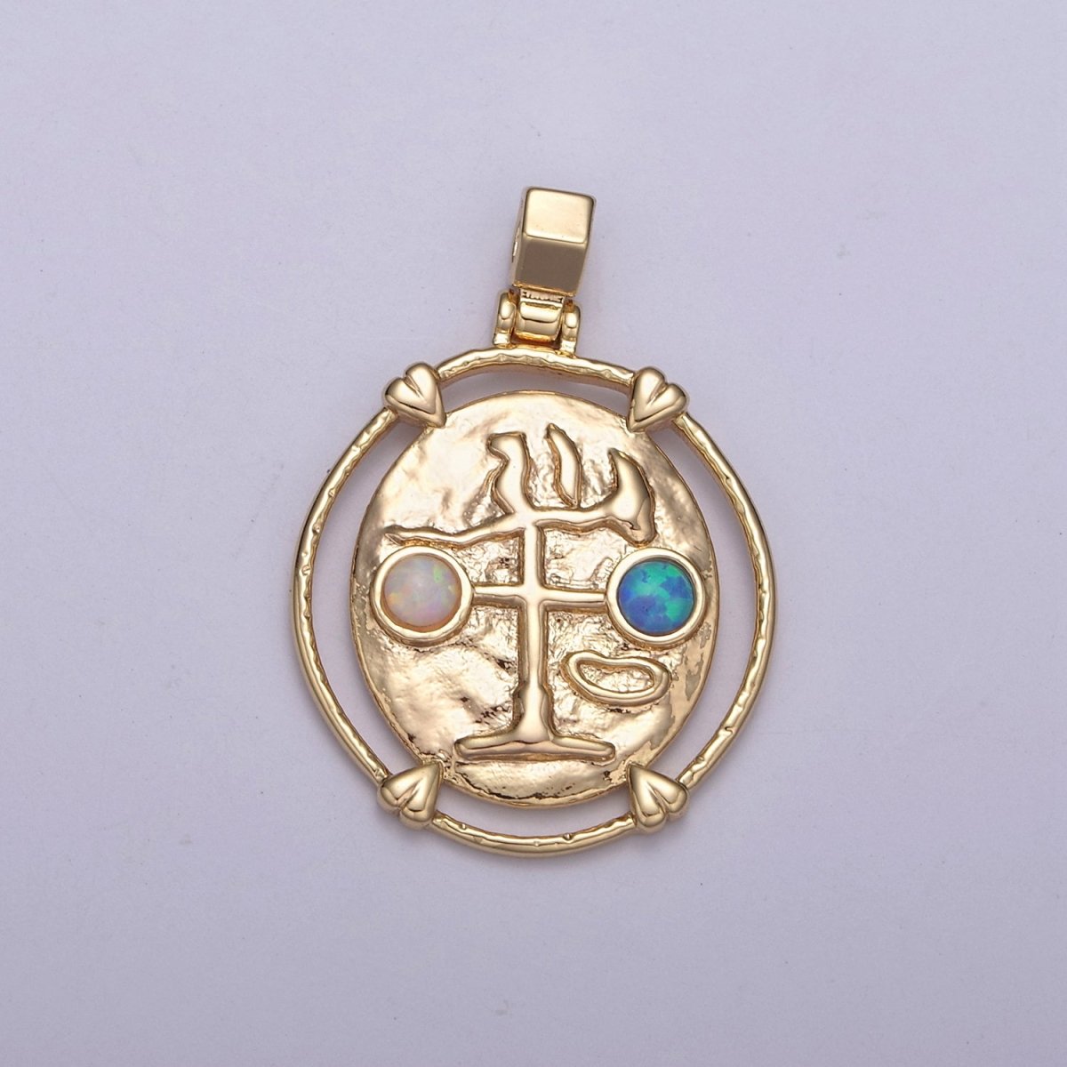 16K Gold Filled White Opal Zodiac Horoscope Heart Edge Oval Medallion Pendant | A-876-A-888 - DLUXCA