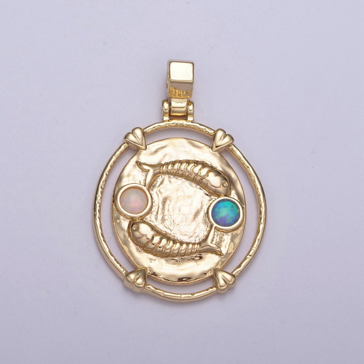 16K Gold Filled White Opal Zodiac Horoscope Heart Edge Oval Medallion Pendant | A-876-A-888 - DLUXCA