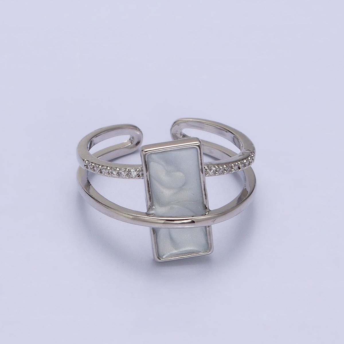 16K Gold Filled White Sparkly Enamel Bar Micro Paved CZ Double Band Ring in Gold & Silver | O-1617 O-1618 - DLUXCA