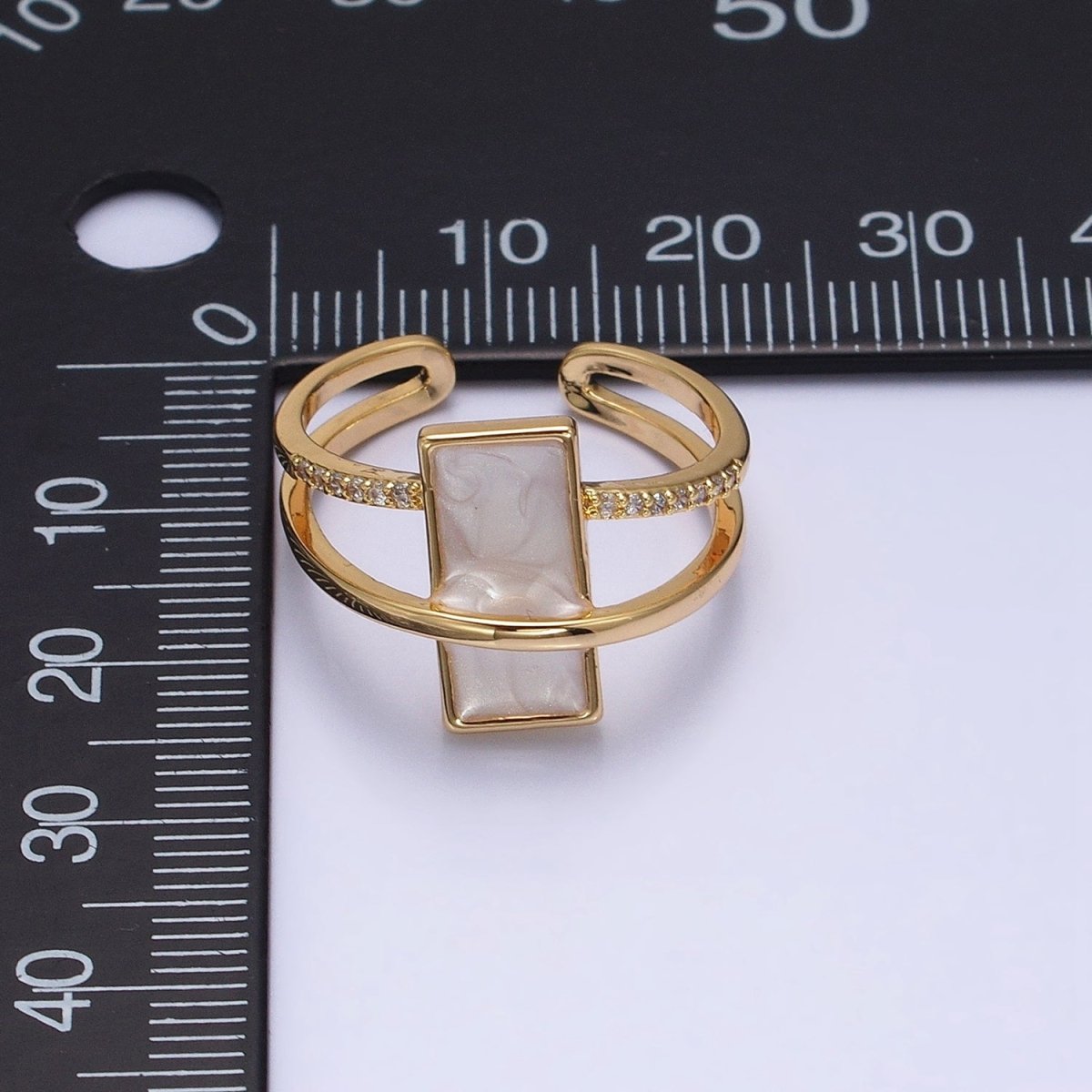 16K Gold Filled White Sparkly Enamel Bar Micro Paved CZ Double Band Ring in Gold & Silver | O-1617 O-1618 - DLUXCA