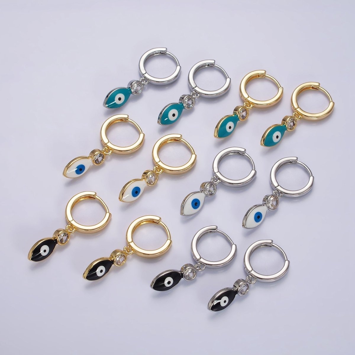 16K Gold Filled White, Teal, Black Enamel Evil Eye Drop Huggie Hoop Earrings in Gold & Silver | Y-831 ~ Y-836 - DLUXCA