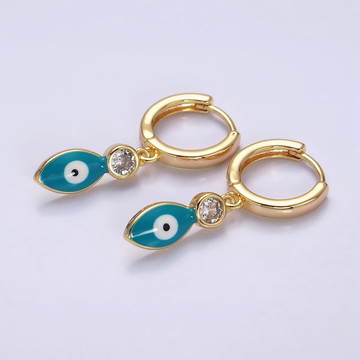 16K Gold Filled White, Teal, Black Enamel Evil Eye Drop Huggie Hoop Earrings in Gold & Silver | Y-831 ~ Y-836 - DLUXCA