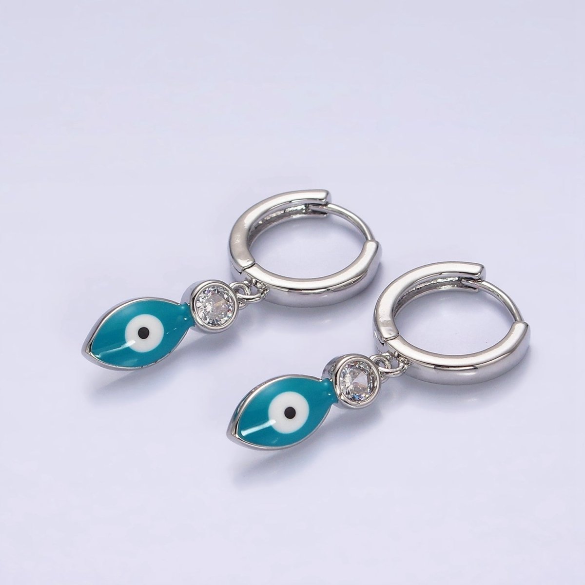 16K Gold Filled White, Teal, Black Enamel Evil Eye Drop Huggie Hoop Earrings in Gold & Silver | Y-831 ~ Y-836 - DLUXCA