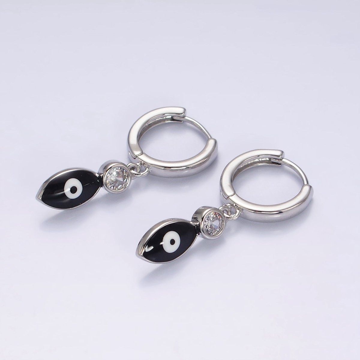 16K Gold Filled White, Teal, Black Enamel Evil Eye Drop Huggie Hoop Earrings in Gold & Silver | Y-831 ~ Y-836 - DLUXCA
