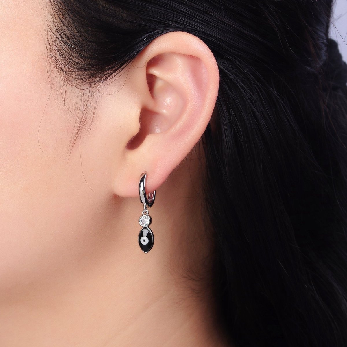 16K Gold Filled White, Teal, Black Enamel Evil Eye Drop Huggie Hoop Earrings in Gold & Silver | Y-831 ~ Y-836 - DLUXCA