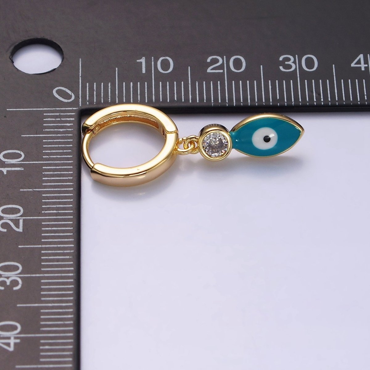 16K Gold Filled White, Teal, Black Enamel Evil Eye Drop Huggie Hoop Earrings in Gold & Silver | Y-831 ~ Y-836 - DLUXCA
