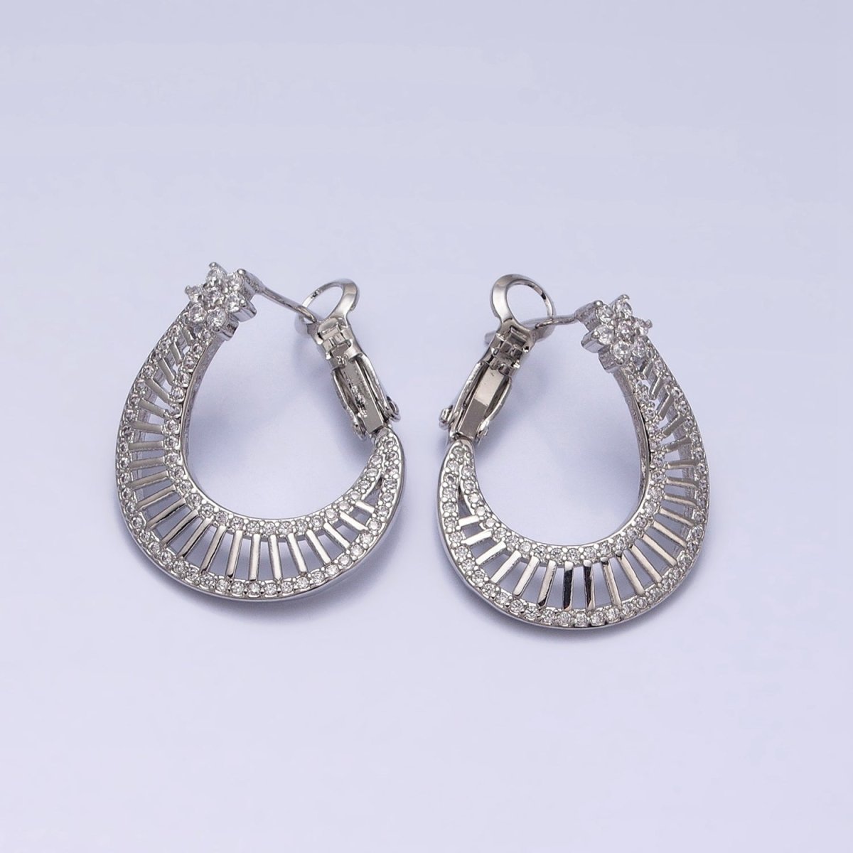 16K Gold Filled Wide Bar Micro Paved CZ Front-Facing Hinge Hoop Earrings in Gold & Silver | AD915 AD916 - DLUXCA