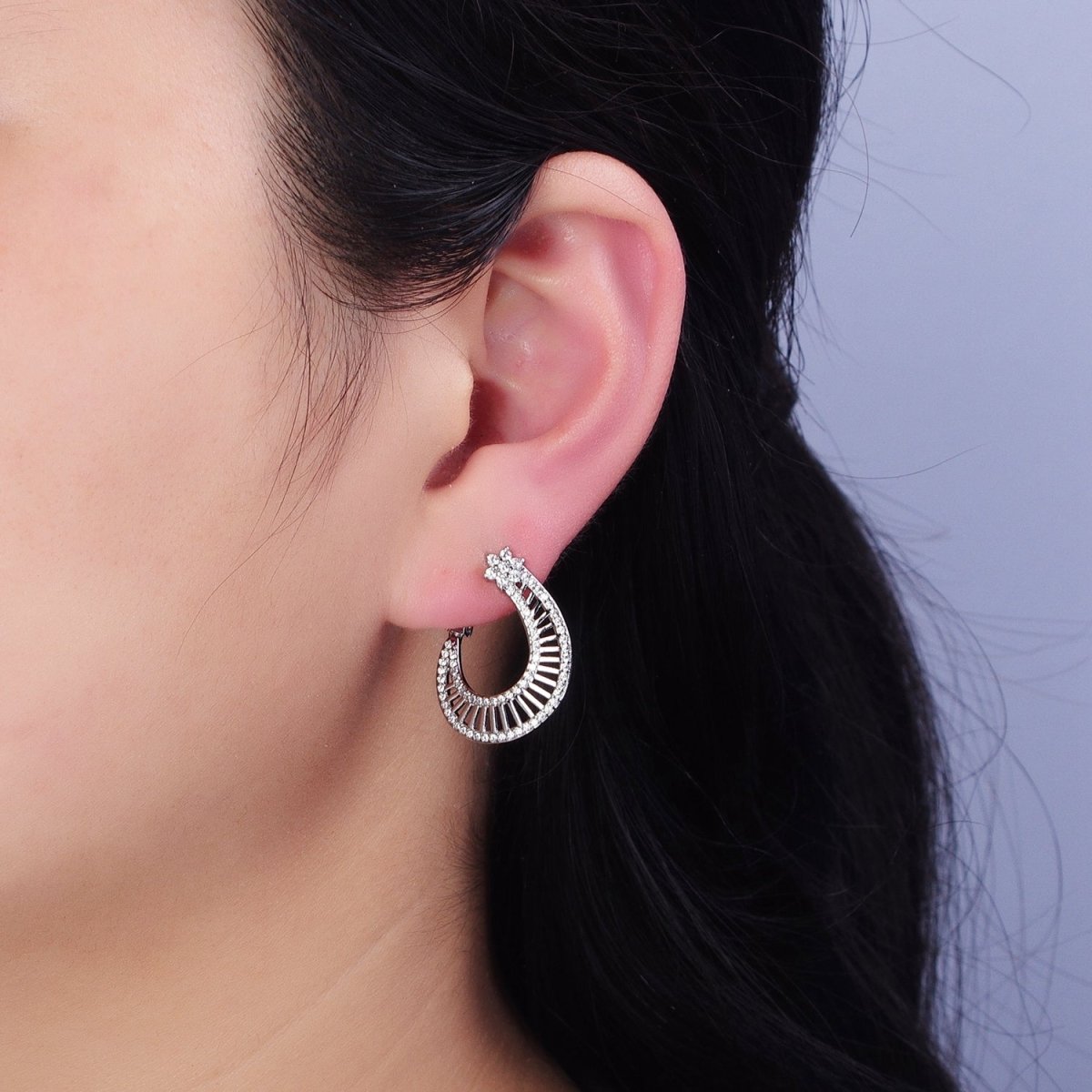 16K Gold Filled Wide Bar Micro Paved CZ Front-Facing Hinge Hoop Earrings in Gold & Silver | AD915 AD916 - DLUXCA