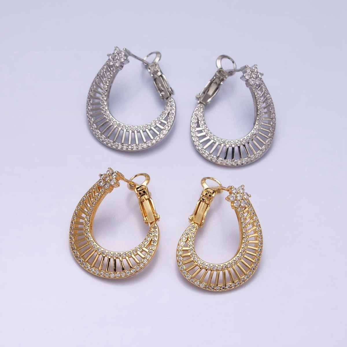 16K Gold Filled Wide Bar Micro Paved CZ Front-Facing Hinge Hoop Earrings in Gold & Silver | AD915 AD916 - DLUXCA