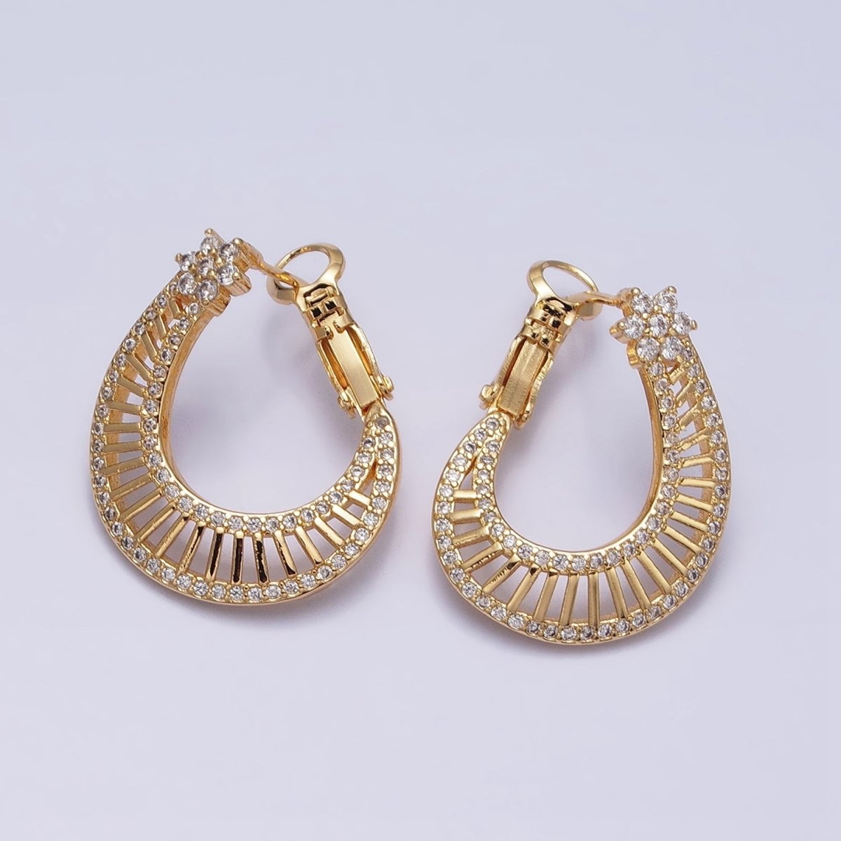 16K Gold Filled Wide Bar Micro Paved CZ Front-Facing Hinge Hoop Earrings in Gold & Silver | AD915 AD916 - DLUXCA