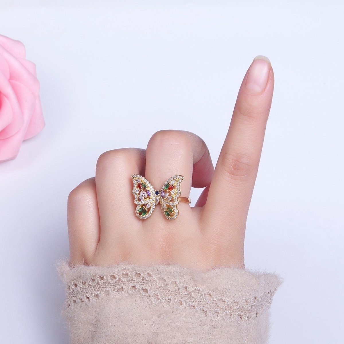 16K Gold Filled Wings Butterfly Multicolor Marquise CZ Statement Ring in Gold & Silver | O-1573 O-1574 - DLUXCA