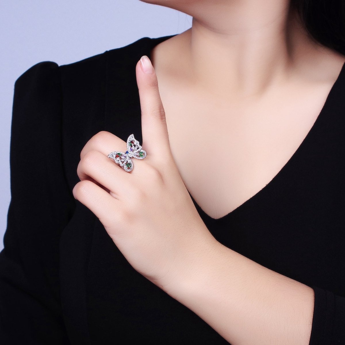 16K Gold Filled Wings Butterfly Multicolor Marquise CZ Statement Ring in Gold & Silver | O-1573 O-1574 - DLUXCA