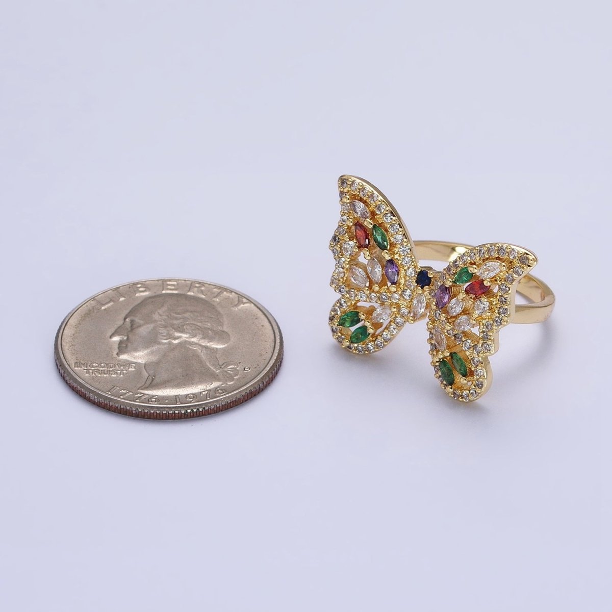 16K Gold Filled Wings Butterfly Multicolor Marquise CZ Statement Ring in Gold & Silver | O-1573 O-1574 - DLUXCA