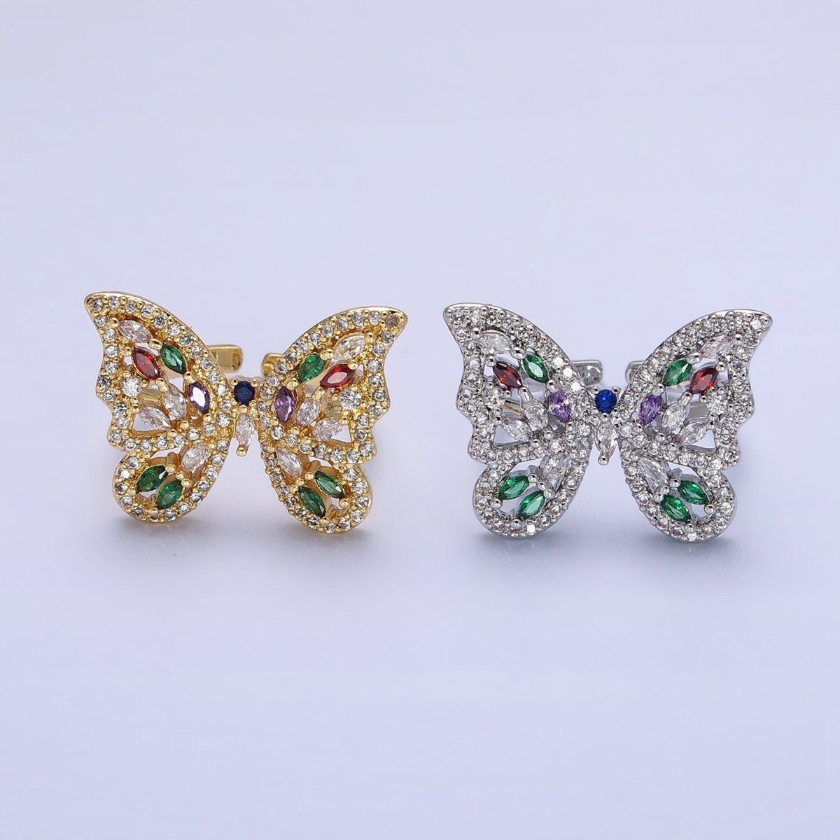 16K Gold Filled Wings Butterfly Multicolor Marquise CZ Statement Ring in Gold & Silver | O-1573 O-1574 - DLUXCA