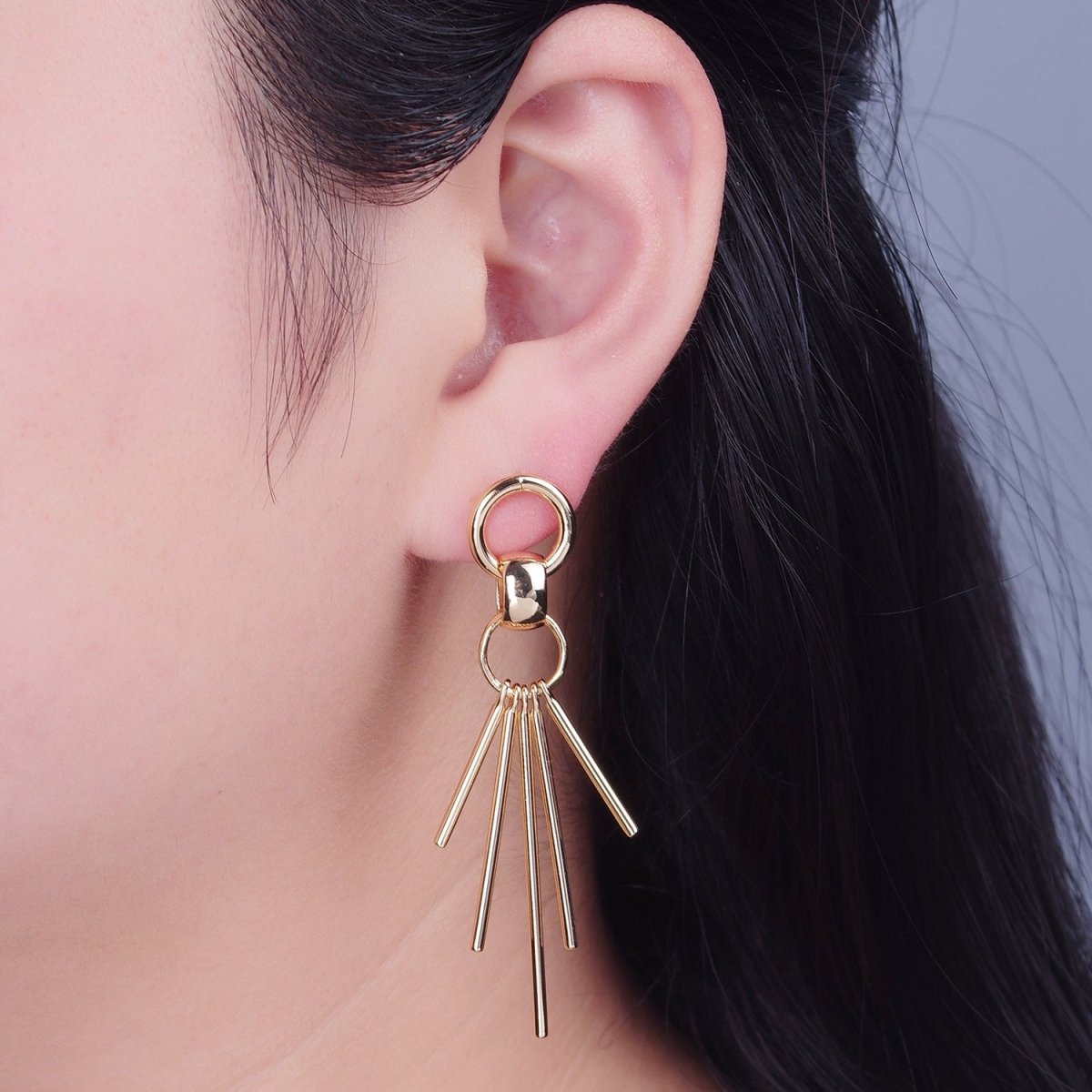 16K Gold Plated 63mm Geometric Open Round Bar Drop Stud Earrings | T465 - DLUXCA