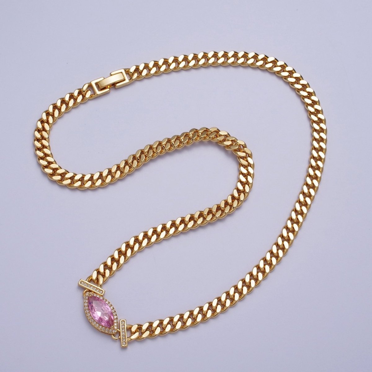 18 Inch Micro Paved Marquise CZ Flat Curb Link Chain Gold Necklace | WA-1209 - WA-1214 Clearance Pricing - DLUXCA