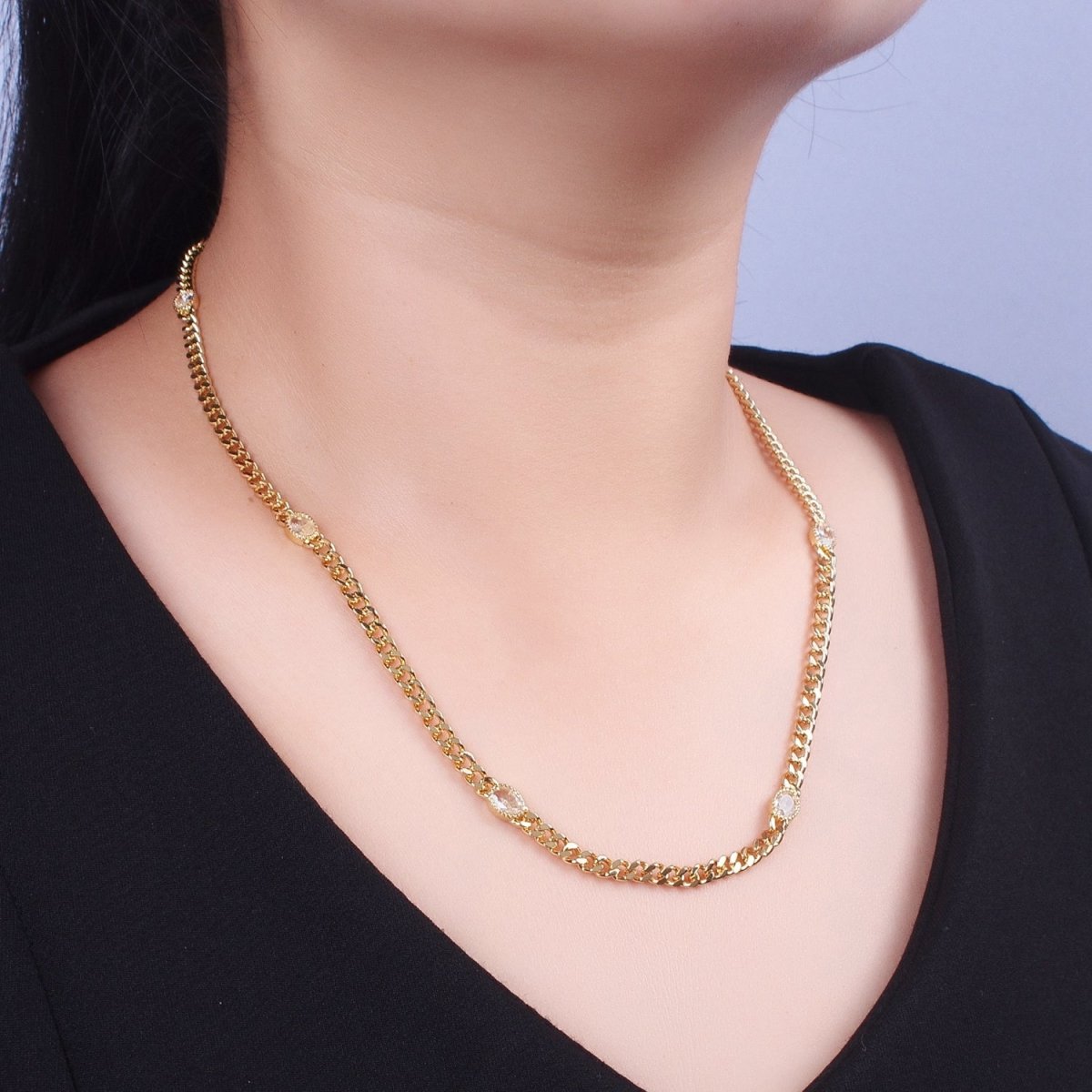 18 Inch Oval CZ 4mm Gold Flat Curb Chain Necklace | WA-1203 - WA-1208 Clearance Pricing - DLUXCA