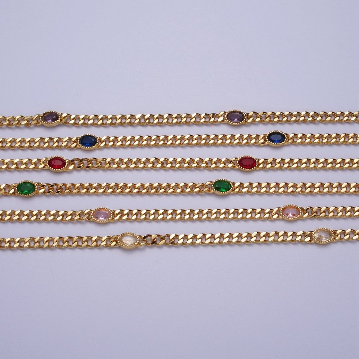 18 Inch Oval CZ 4mm Gold Flat Curb Chain Necklace | WA-1203 - WA-1208 Clearance Pricing - DLUXCA