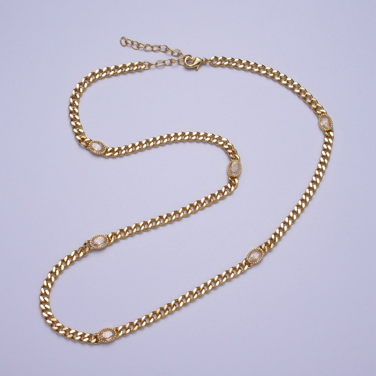 18 Inch Oval CZ 4mm Gold Flat Curb Chain Necklace | WA-1203 - WA-1208 Clearance Pricing - DLUXCA
