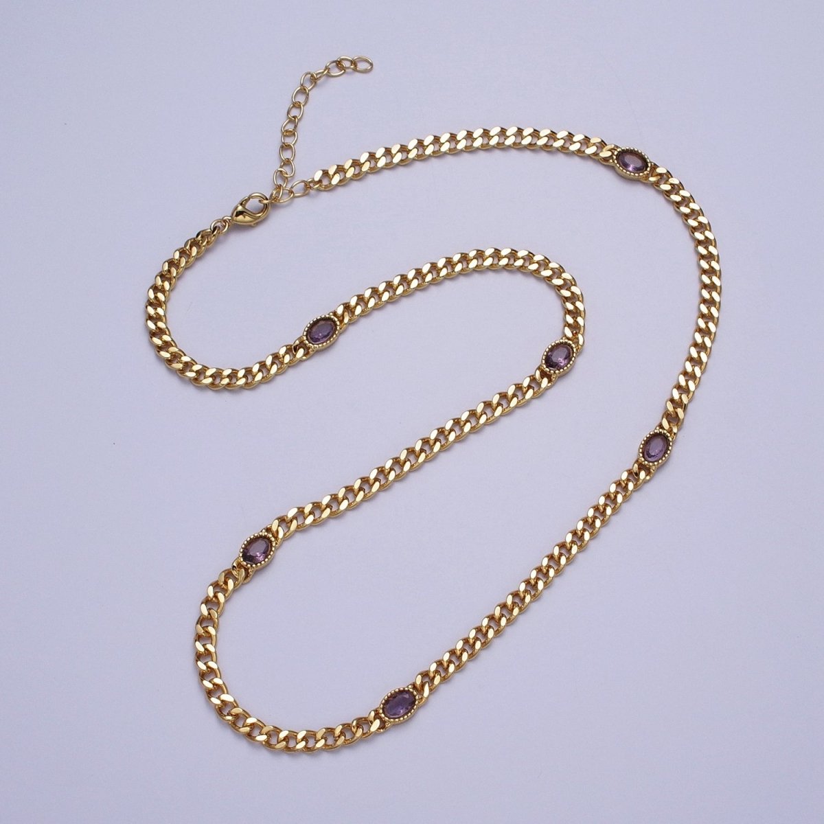 18 Inch Oval CZ 4mm Gold Flat Curb Chain Necklace | WA-1203 - WA-1208 Clearance Pricing - DLUXCA