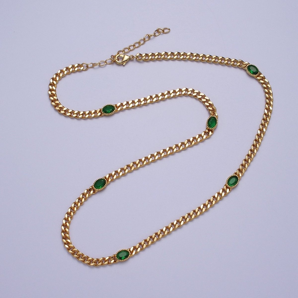 18 Inch Oval CZ 4mm Gold Flat Curb Chain Necklace | WA-1203 - WA-1208 Clearance Pricing - DLUXCA