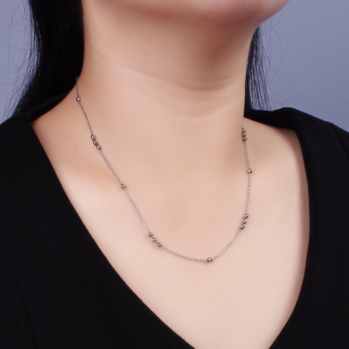 18inch Satellite Chain Necklace Silver Dainty Satellite Ball Chain Necklaces Stainless Steel | WA-2394 - DLUXCA